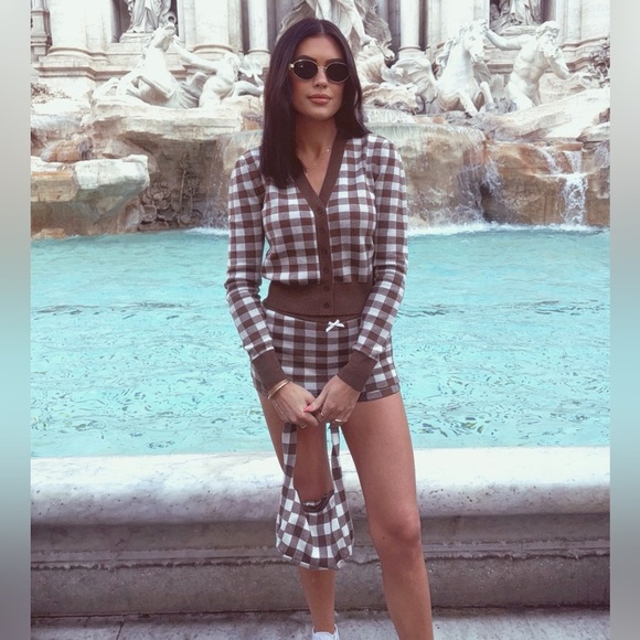 For Love And Lemons Gingham Knit Cardigan in Brown - Picture 4 of 5